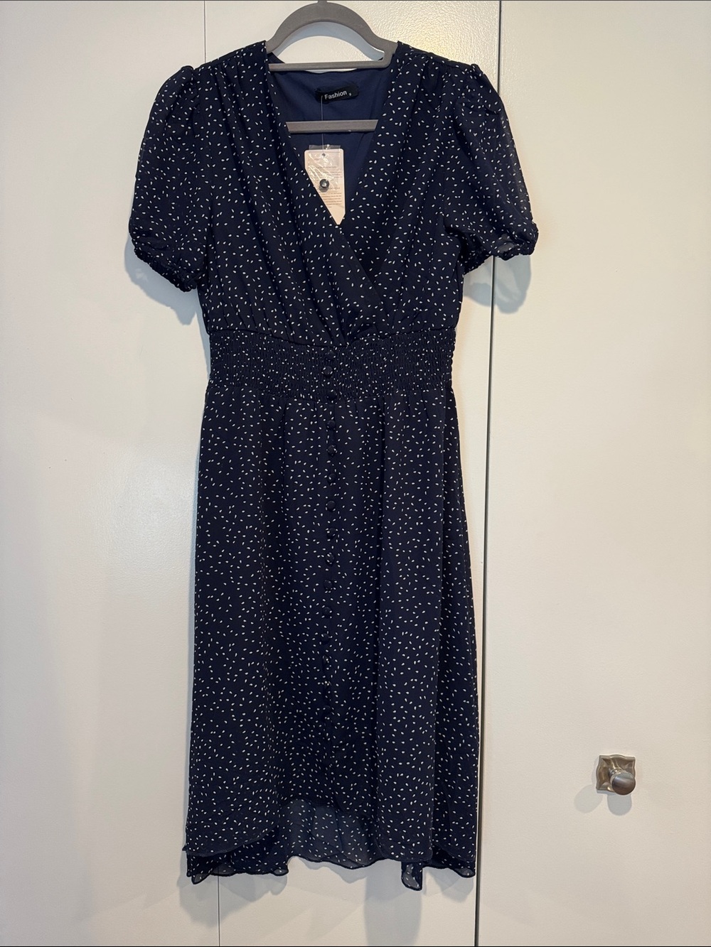 Dot-Print Navy Wrap Midi Dress with Shirred Waist